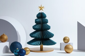 Stylized paper holiday decoration stands centrally amidst festive spherical ornaments against a bright minimalist background