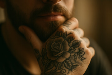 Bearded Man With Hand Tattoo Touching Chin While Thinking Deeply About Strategy And Decisions