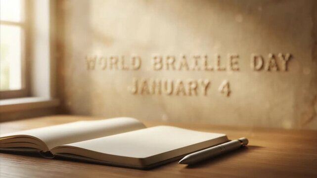 A tranquil close-up shot of an open notebook and a sleek pen resting on a warm wooden desk, bathed in soft, natural light streaming through a nearby window. In the background, a textured wall features