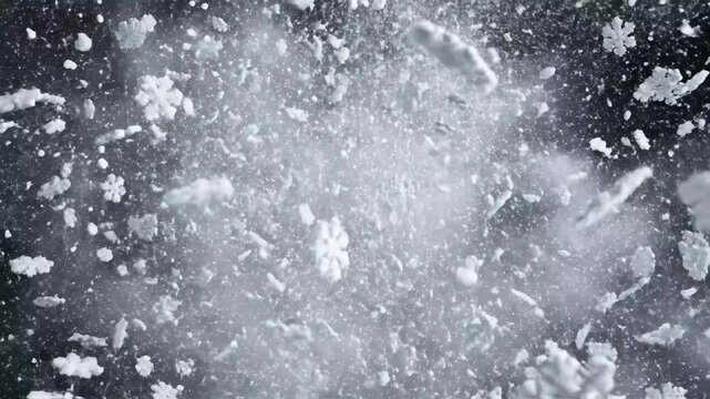 Snowflake Explosion Burst Overlay - This stock video shows an explosion of white snowflakes and particles spreading outwards from the center, creating a dynamic burst effect.