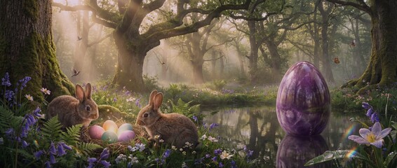 Two rabbits sit near a small group of colorful eggs by a forest pond