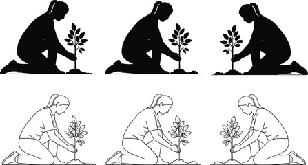 Silhouettes and line art of a woman planting a young tree, illustrating gardening, environmental care, sustainability, and nature conservation in various poses.