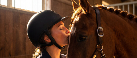 Woman kisses horse in stable during afternoon light