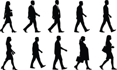 Silhouettes of diverse people walking in various poses, including professionals, casual pedestrians, and a pregnant woman, representing everyday movement, lifestyle, commuting, and urban activity