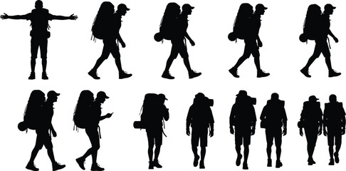 Silhouettes of hikers walking with backpacks in various outdoor poses, illustrating adventure travel, trekking activities, exploration, and active lifestyle concepts.
