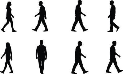 Silhouettes of men and women walking in various poses, isolated on white background, representing motion, direction, everyday movement, lifestyle, and urban activity