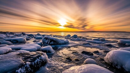 Dramatic winter sunset over icy shoreline, sun rays painting the vibrant sky
