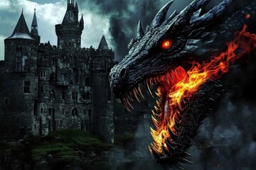 Medieval castle set in a world of mystical dragons and flames.