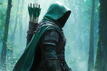 Captivating hooded figure in a foggy enchanted forest.
