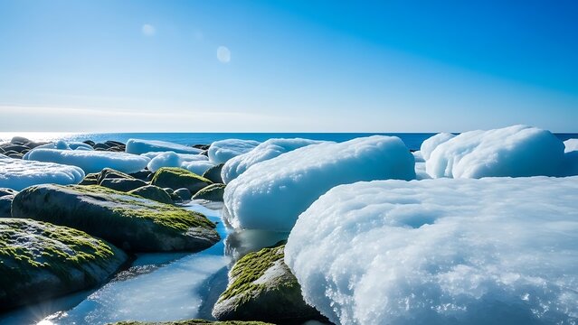 Ice floes and moss-covered rocks on a winter seashore under a clear blue sky - Powered by Adobe