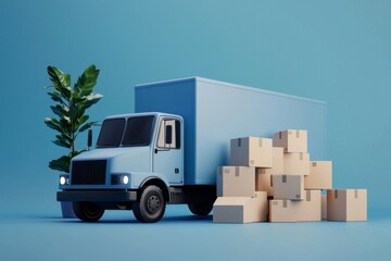 Illustration featuring a blue delivery truck alongside cardboard boxes.