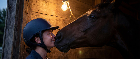 Woman shares moment with horse in stable at night