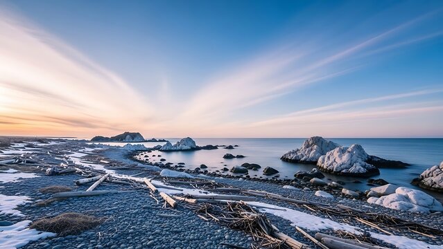 Winter sunrise over snow-dusted rocky beach with calm blue sea and distant islands - Powered by Adobe
