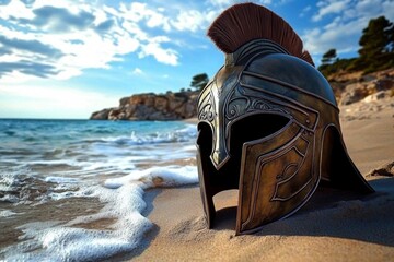 Artistic depiction of a Spartan warrior's helmet set against coastal scenery.