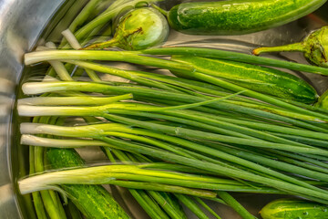 Fresh green spring onions and cucumbers soaking in a metal bowl of water for cleaning.