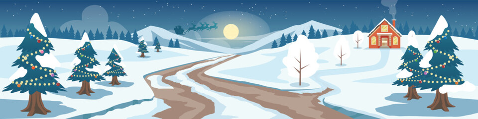 Naklejka premium Landscape view of dirt road cutting through snowy slopes. Alone of houses with chimneys and smoke on hill. Background Santa Claus on a horse drawn sleigh with moon and stars on night sky.