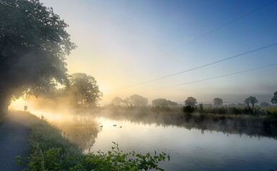 A peaceful river scene enveloped in soft morning mist, creating an ideal setting for themes of nature and tranquility
