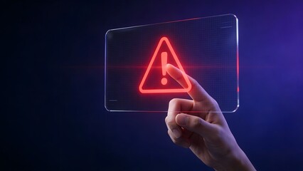 Hand touching glowing warning icon on transparent screen