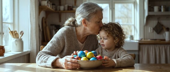 Elderly woman kisses child while preparing colorful Easter eggs