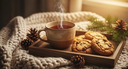 Cozy Winter Tea and Cookies on Warm Hygge Setup &ndash; Relaxing Holiday Lifestyle Scene
