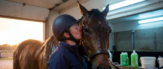 Woman kisses horse in stable during sunset