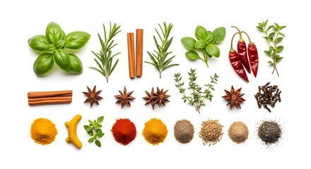 Fresh Herbs and Spices Isolated on Pure White Background