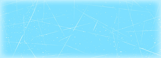 Scratched ice surface texture. Winter sport rink backdrop. Frozen lake or pond water wallpaper with dots, cuts and lines. Blue icy background with skate traces, cracks, scratches. Vector illustration © vika_k