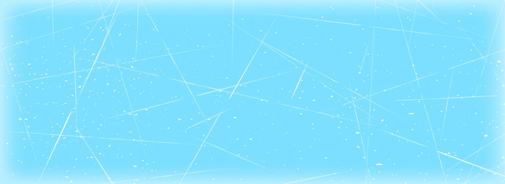 Scratched ice surface texture. Winter sport rink backdrop. Frozen lake or pond water wallpaper with dots, cuts and lines. Blue icy background with skate traces, cracks, scratches. Vector illustration