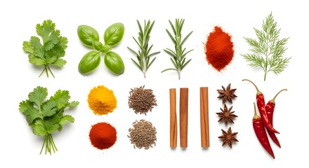 Fresh Herbs and Spices Isolated on Pure White Background