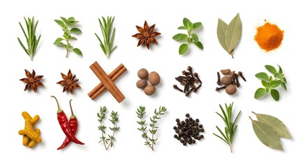 Fresh Herbs and Spices Isolated on Pure White Background