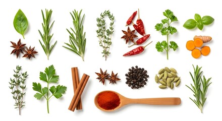 Fresh Herbs and Spices Isolated on Pure White Background