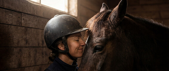 Woman shows affection to horse inside stable during daylight