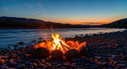 Vibrant campfire burning on a rocky riverbank at twilight, casting a warm glow on the pebbles with sparks rising into the serene evening sky and distant mountains.