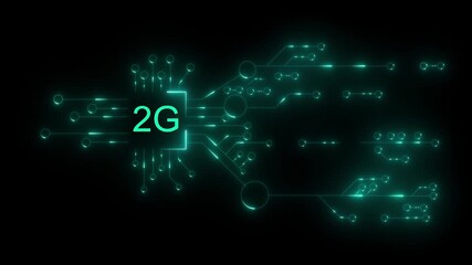 "Futuristic Neon Microchip Display Indicating 2G Connectivity with Circuit Pathways and Data Flow in a High-Tech Digital Network - Powered by Adobe