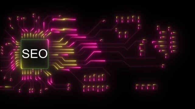 SEO text on a glowing teal digital circuit board with intricate lines on a black background Search Engine Optimization 4k video