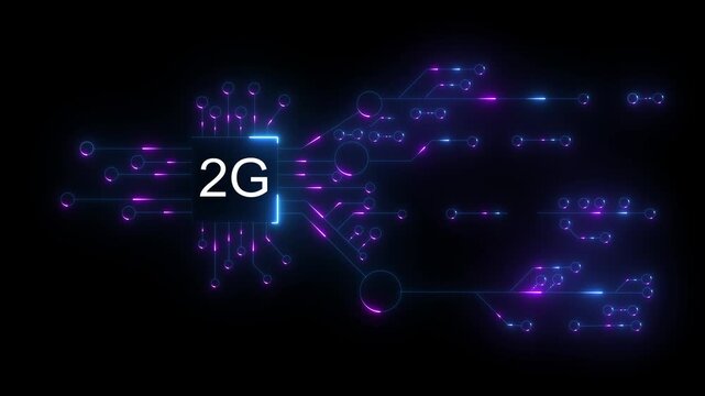 "Futuristic Neon Microchip Display Indicating 2G Connectivity with Circuit Pathways and Data Flow in a High-Tech Digital Network