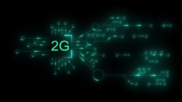 "Futuristic Neon Microchip Display Indicating 2G Connectivity with Circuit Pathways and Data Flow in a High-Tech Digital Network