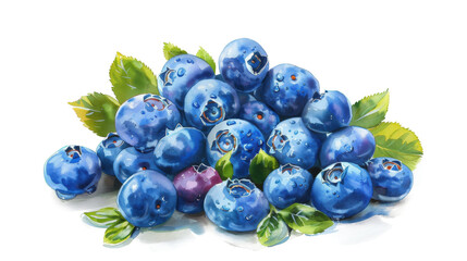 Watercolor Blueberry Branch with Leaves Isolated on White Background