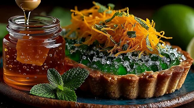 Close up of gourmet tart with green filling and orange zest next to a jar of dripping honey