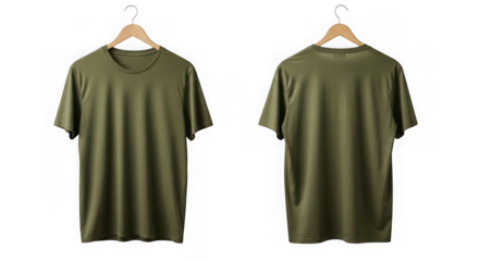 Front and back view of plain olive green tshirt hanging on wooden hangers, isolated on white isolated on transparent background