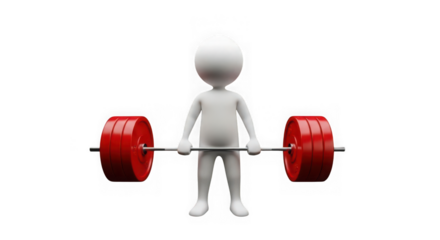 3d stick figure lifting barbell with red weights, isolated on transparent background