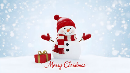 Festive snowman with red hat and scarf stands with a gift and christmas message