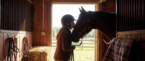 Kissing a horse at the stable during the morning light