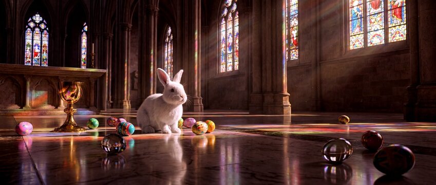White rabbit in a church with colorful eggs on the floor - Powered by Adobe