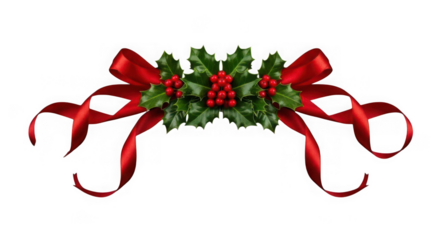 Christmas holly and red ribbon decoration isolated on transparent background