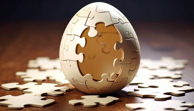 Jigsaw puzzle forms egg on wood surface