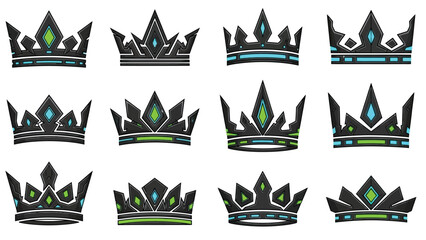 Fototapeta premium Cyberpunk and Futuristic Crowns Icon Set with Neon Accents