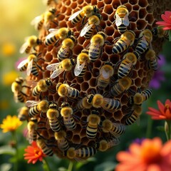 Busy Honeybees Working on a Vibrant Honeycomb