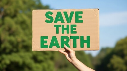 "save the earth" message on cardboard sign held by activist hand
