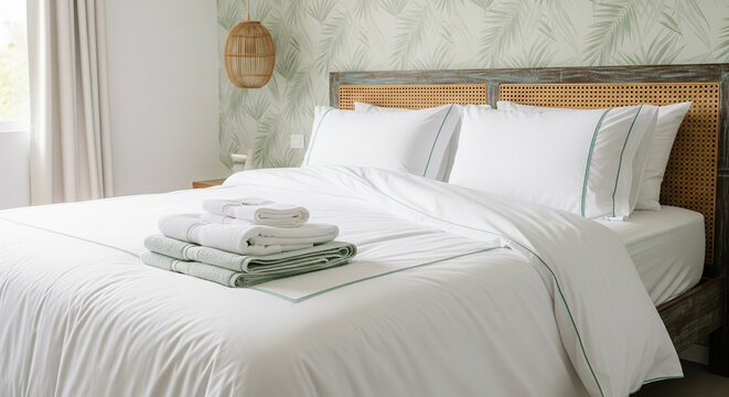 Fresh hotel bedroom interior with palm leaf wallpaper and white bedding with green piping. Stack of clean towels on bed in tropical resort suite
